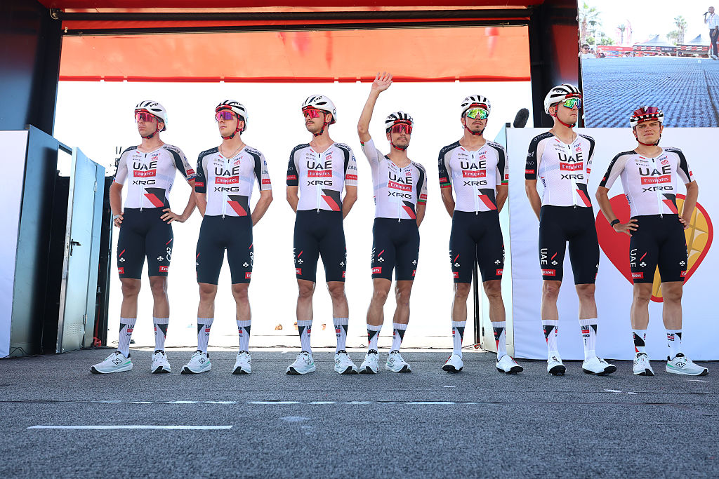 UAE Team Emirates XRG prior to stage 9 of the 2026 Vuelta a Espa&amp;ntilde;a in Villajoyosa, Spain. (Photo by Alexander Hassenstein/Getty Images)