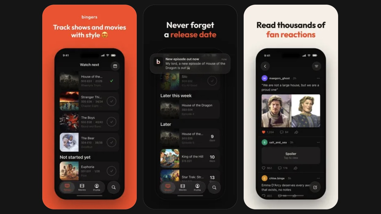 Screenshots of the Bingers app