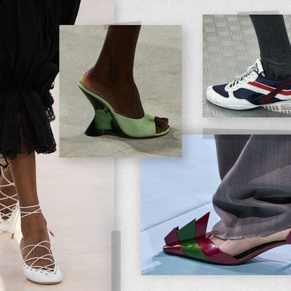 A collage of the spring 2025 shoe trends from Chloé, Dries Van Noten, Prada, Miu Miu Spring 2025 runway shows