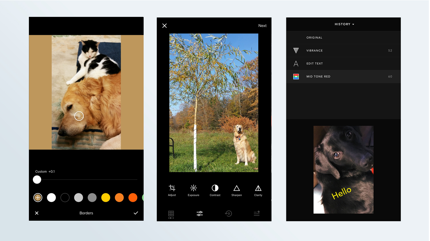 Screenshots of the VSCO photo editing app