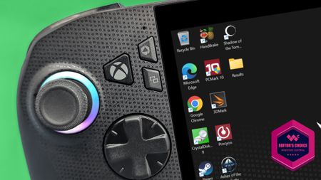 A closeup of the Xbox Ally X's Xbox button, D-Pad, and left joystick. 