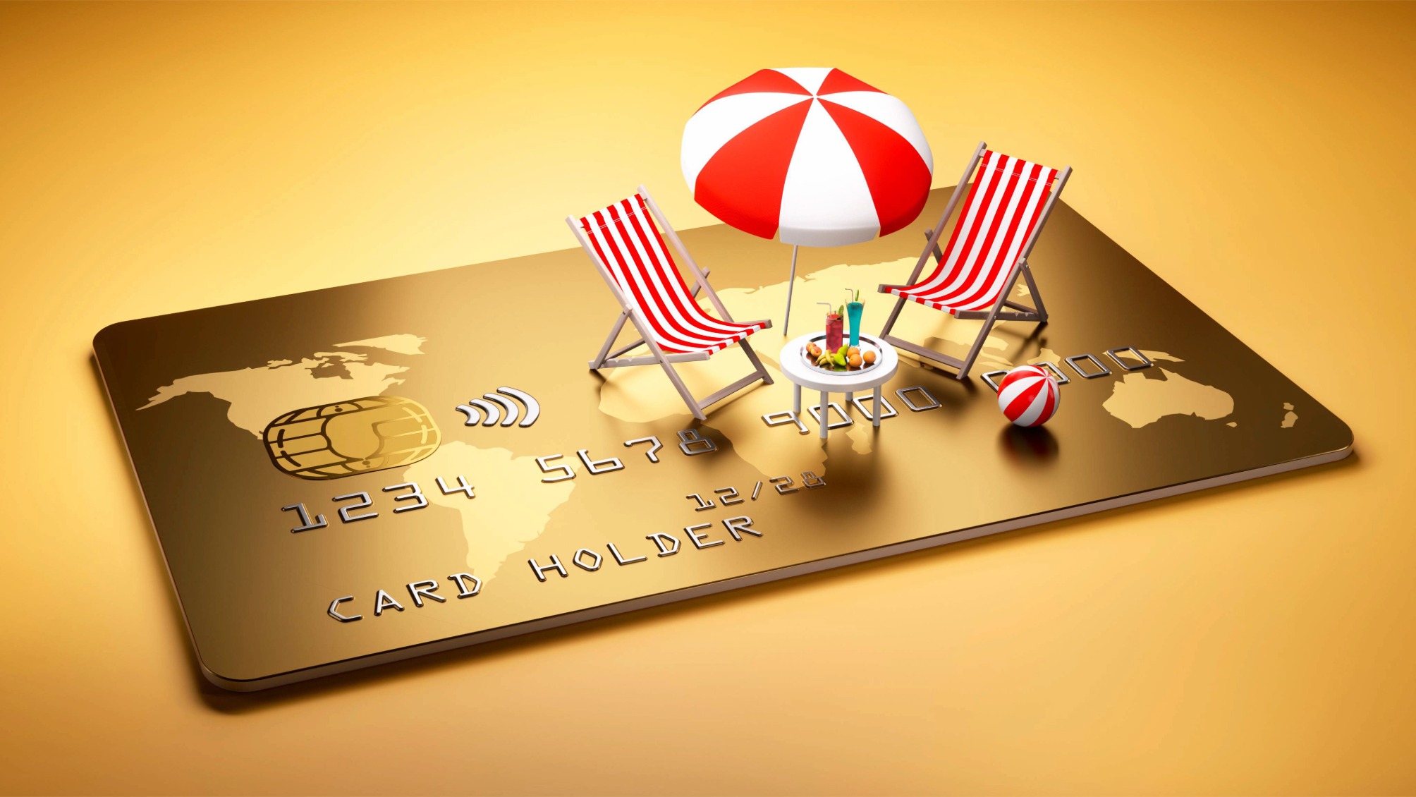 Beach chairs with table and cocktails and umbrella on a large golden credit card 