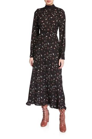 Casual High-Neck Floral Long-Sleeve Dress