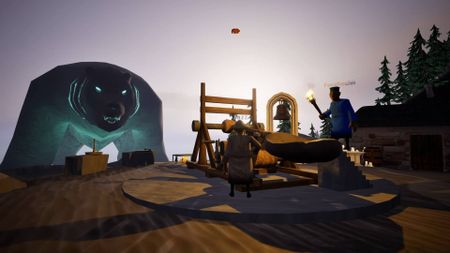 Screenshot from Co-op Kaiju Horror Cooking trailer showing players catapulting food at a giant bear-like monster.