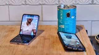 Samsung Galaxy Z Flip 4 review kitchen Flex Mode next to iPhone X