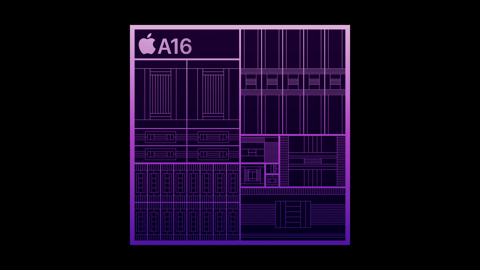 A16 Bionic SoC-Diagramm auf schwarzem Hintergrund