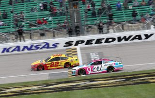 Joey Logano crosses the finish line to win the NASCAR Cup Series Hollywood Casino 400 at Kansas Speedway on October 18, 2020 in Kansas City, Kansas. He has advanced to the Cup Series Championship next month.