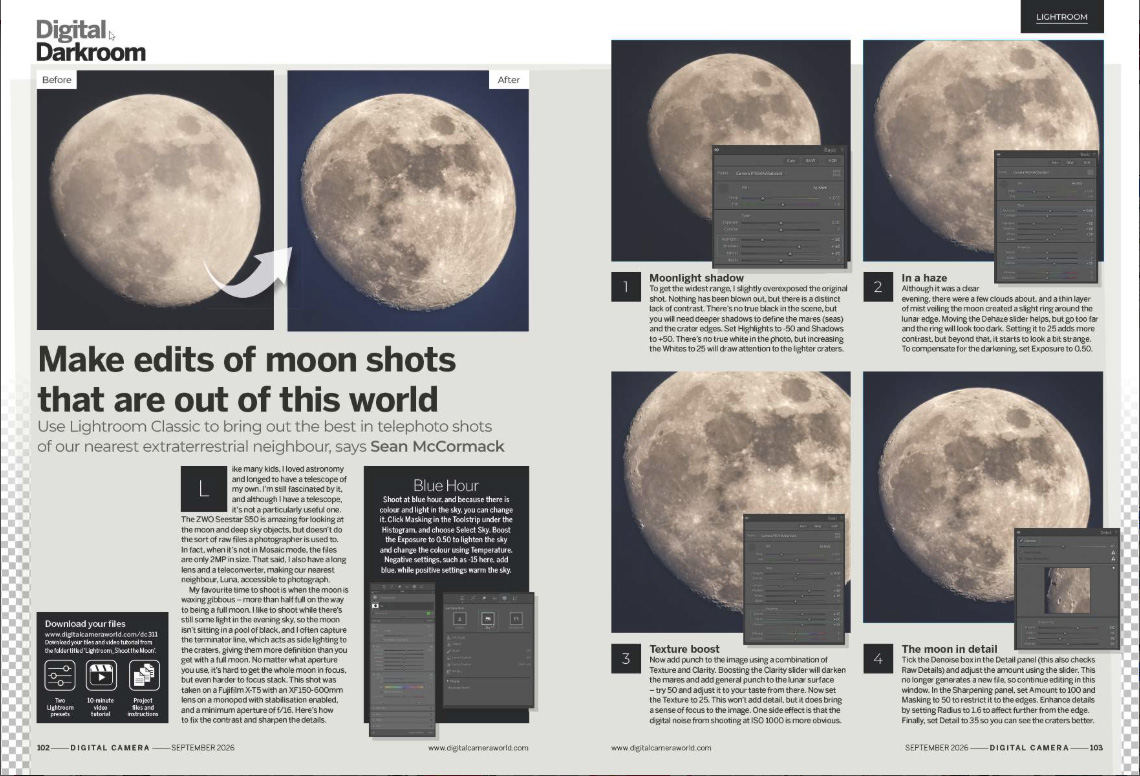 Image showing the Fundamentals tutorial in issue 311 (September 2026) of Digital Camera magazine, showing how to bring out the best from telephoto pictures of the moon
