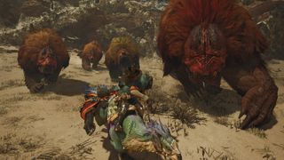 In Monster Hunter Wilds, a Seikret-riding hunter is chased by a pack of Doshaguma.