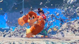 Donkey Kong smashing through concrete in Donkey Kong Bananza