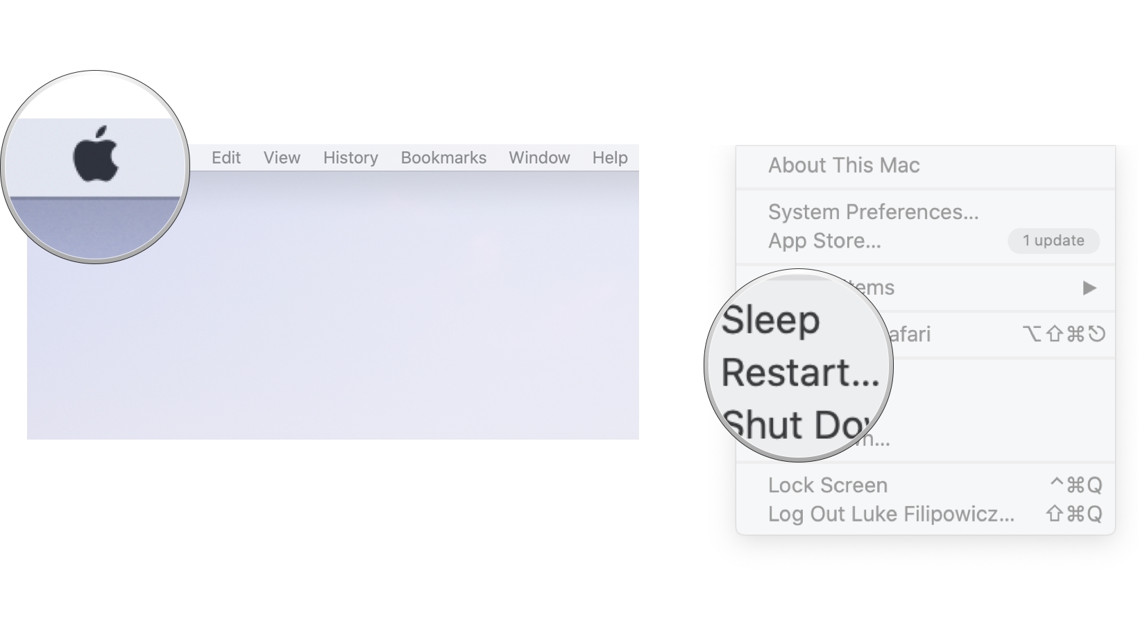 Menyetel ulang Mac di macOS Monterey: Klik ikon Apple di kiri atas bilah menu, lalu klik Mulai Ulang.