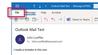A screenshot of Outlook with the File menu button highlighted