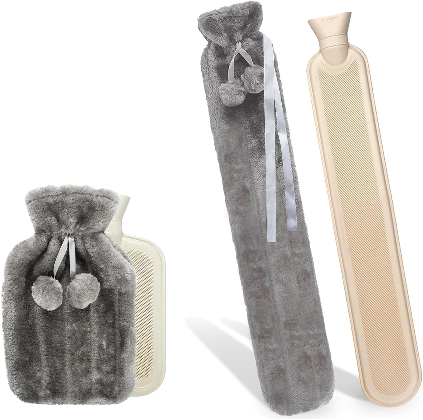 Crystals 2l Fluffy Long Fully Body Hot Water Bottle With Cover, Hot Water Bag for Pain Relief, Two Pom Pom Cosy Faux Fur Warm Water Bottle - Slate Grey (extra Long)