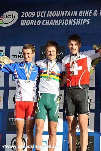 Under 23 men's cross country worlds podium: Alexis Vuillermoz (France), Burry Stander (South Africa), Thomas Litscher (Switzerland)