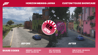A before and after comparison of a custom Forza track