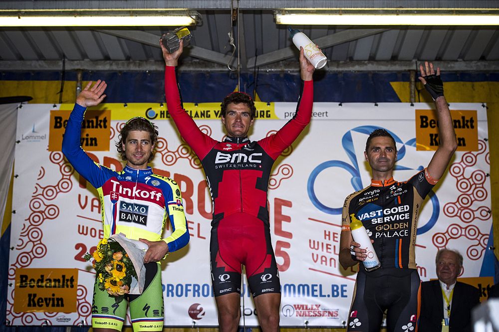 Peter Sagan, Greg Van Avermaet and Kevin Hulsmans on the podium in the Profronde van Lommel