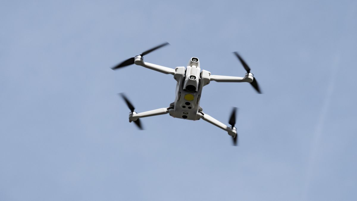 Antigravity A1 drone by Insta360, in flight, blue skies