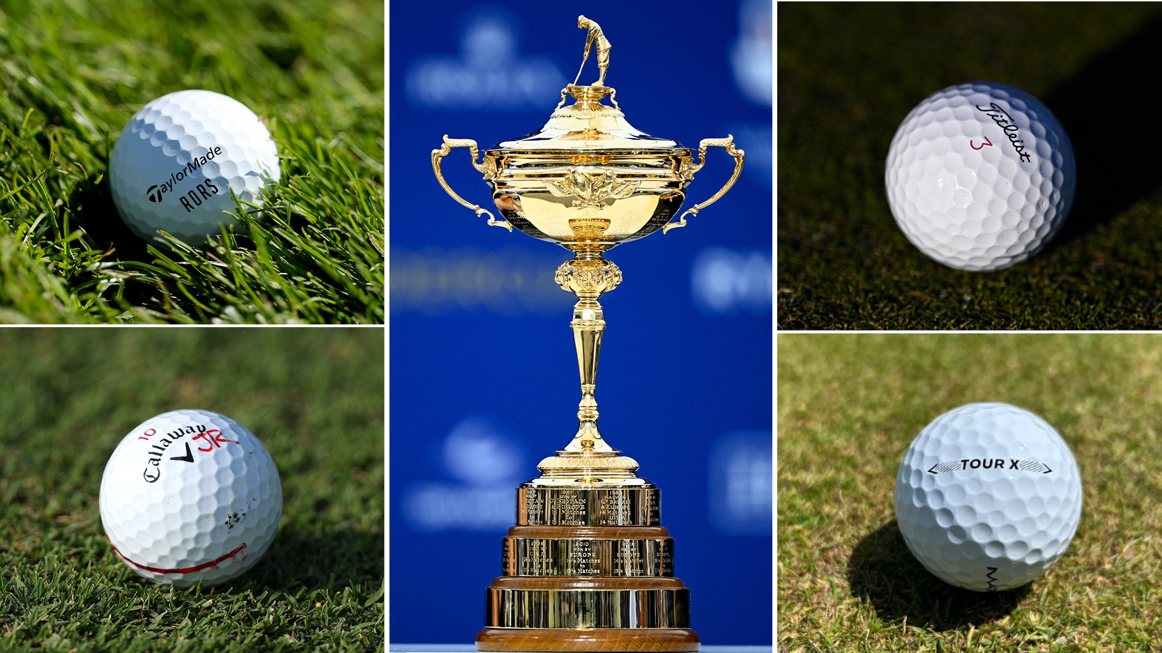 The Ryder Cup trophy in the middle, with multiple golf balls surrounding it