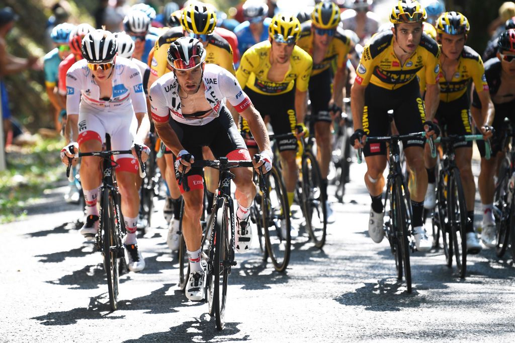 UAE Team Emirates’ Jan Polanc guides team leader Tadej Pogacar (in all white) towards an eventual victory on stage 15 of the 2020 Tour de France, but it was race leader Primoz Roglic’s Jumbo-Visma squad that took control for much of the stage