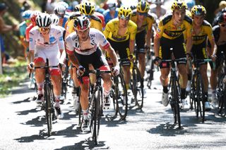 UAE Team Emirates’ Jan Polanc guides team leader Tadej Pogacar (in all white) towards an eventual victory on stage 15 of the 2020 Tour de France, but it was race leader Primoz Roglic’s Jumbo-Visma squad that took control for much of the stage
