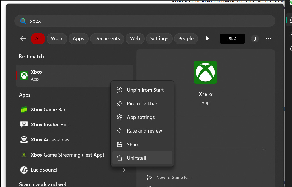 Приложение Xbox в меню «Пуск»