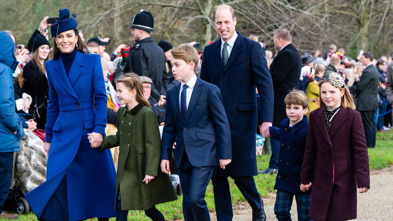 Catherine, Princess of Wales, Princess Charlotte of Wales, Prince George of Wales, Prince William, Prince of Wales, Prince Louis of Wales and Mia Tindall walk together on December 25, 2023