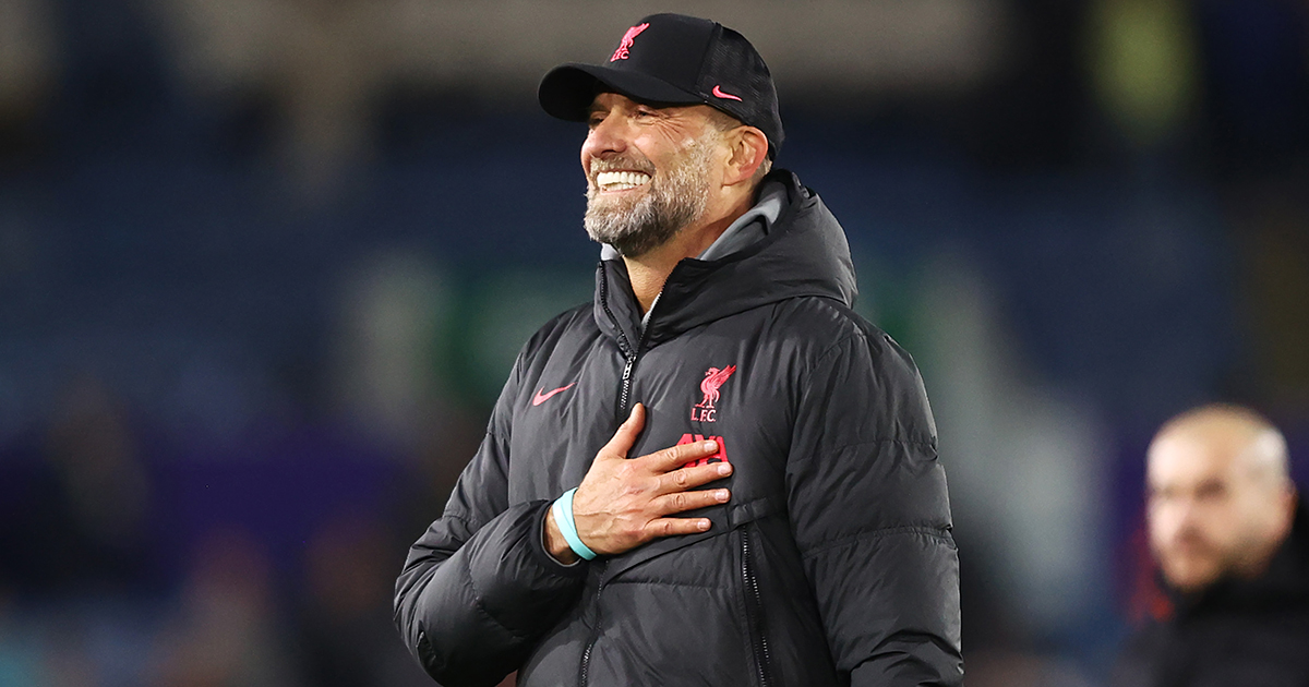 Liverpool manager Jurgen Klopp celebrates victory following the Premier League match between Leeds United and Liverpool FC at Elland Road on April 17, 2023 in Leeds, England.
