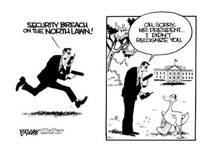 Obama cartoon White House intruder lame duck