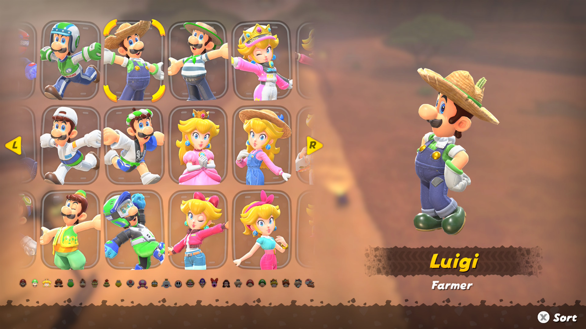 Mario Kart World Luigi outfits including Farmer