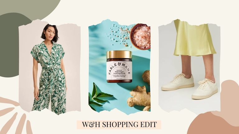 a hero image for the woman&home April shopping edit featuring three products from Mango, Look Fantastic and Luisa Via Roma