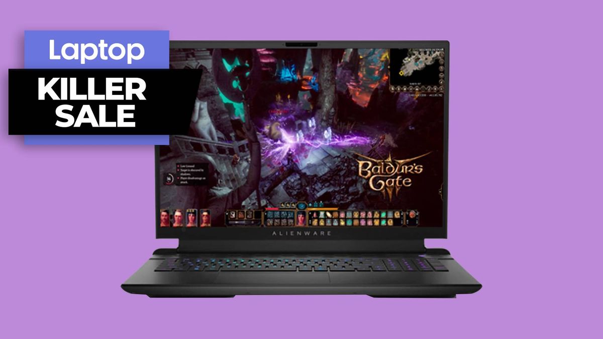 Alienware m18 gaming laptop against purple background