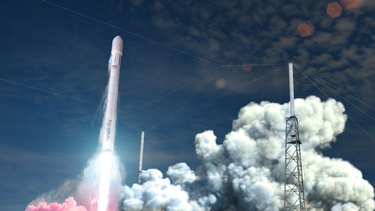 Artist&#039;s illustration of Relativity Space&#039;s Terran 1 rocket lifting off.