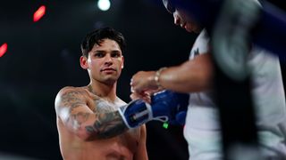 Ryan Garcia looks on during a media workout ahead of his WBA Welterweight Title fight against Rolando Romero