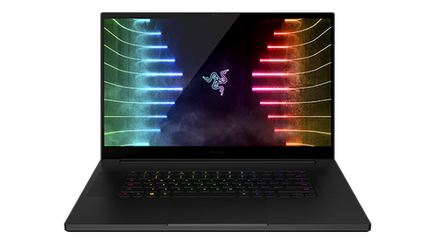 Razer Blade 17 on a white background. The gaming laptop is open, and there's a colorful background with the Razer Logo in the center. It's very colorful.