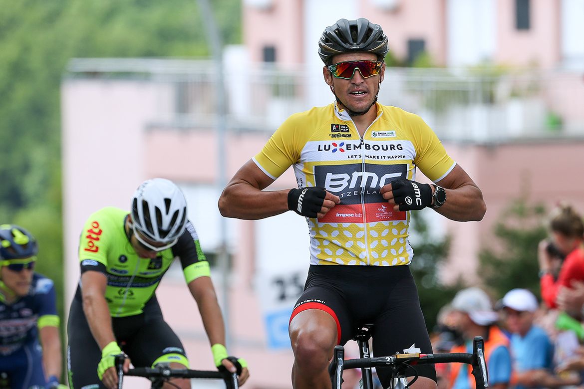 Greg Van Avermaet salutes the sponsors after his Tour de Luxembourg victory.