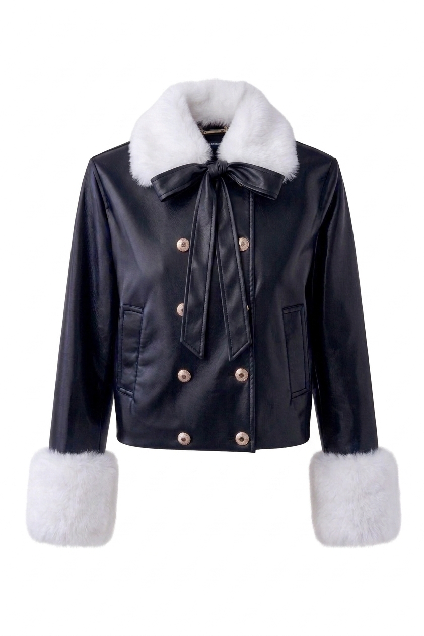 KARL LAGERFELD PARIS, Faux Leather Jacket With Faux Fur Trim