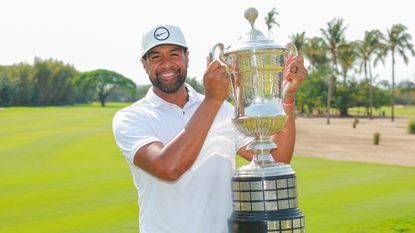 Tony Finau with the Mexico Open Trophy