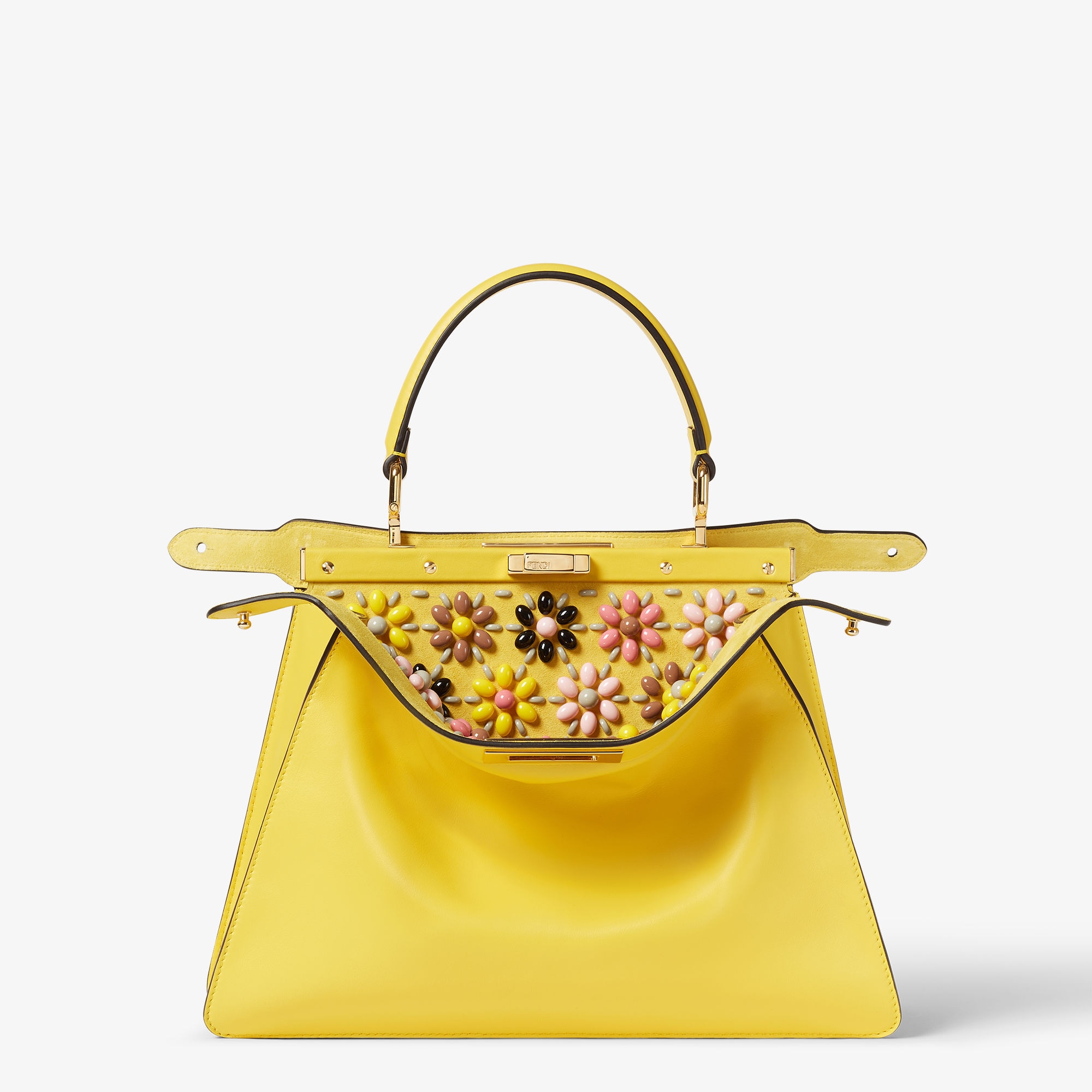 Peekaboo Iseeu Medium Broom Yellow Leather Bag With Floral Decoration