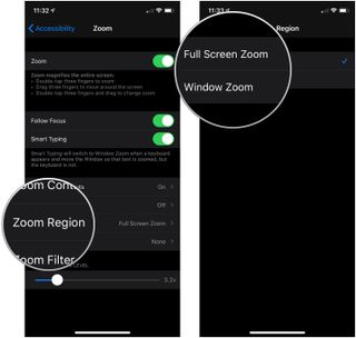Change Zoom Region showing how to tap Zoom Region in the Zoom settings, then tap either Full Screen Zoom or Window Zoom