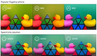 Infograph featuring toy ducks showing greater color accuracy using Spectricity cameras compared to standard smartphone cameras