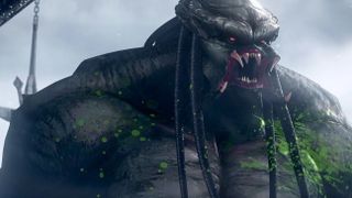 An image from "Predator: Killer of Killers" showing an animated Yautja warrior baring its teeth