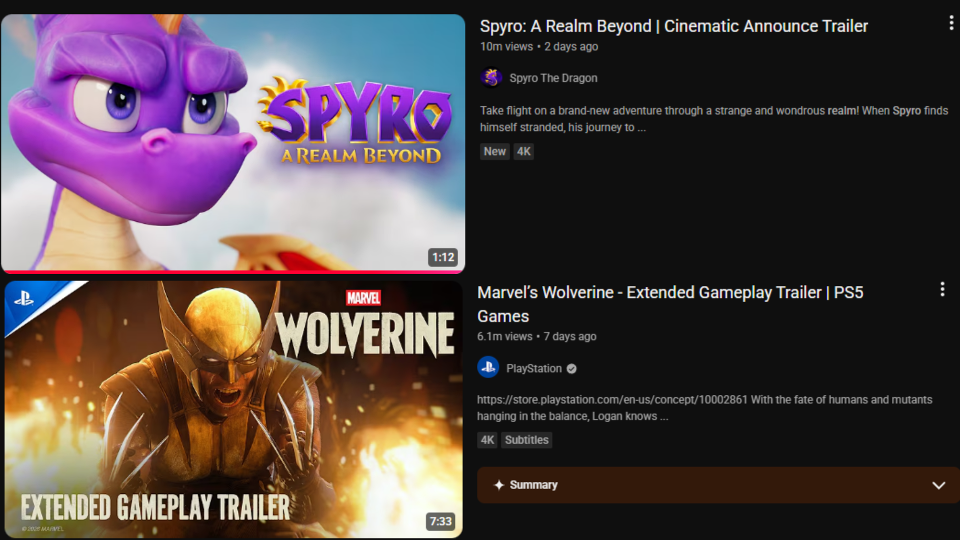YouTube screenshot comparing trailer performance, showing Spyro: A Realm Beyond with 10 million views, surpassing Marvel's Wolverine gameplay trailer at 6.1 million