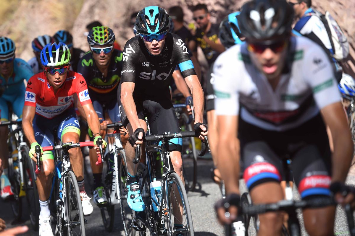 Chris Froome (Sky) sits back with race leader Esteban Chaves (Orica-GreenEdge)