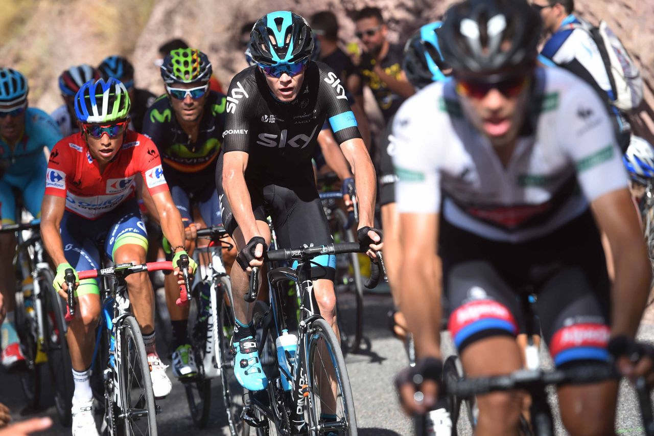 Chris Froome (Sky) sits back with race leader Esteban Chaves (Orica-GreenEdge)