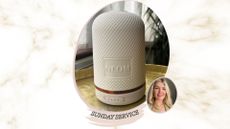 a marble backdrop with an image of NEOM Wellbeing pod on a gold tray next to a photo of beauty editor Fiona McKim