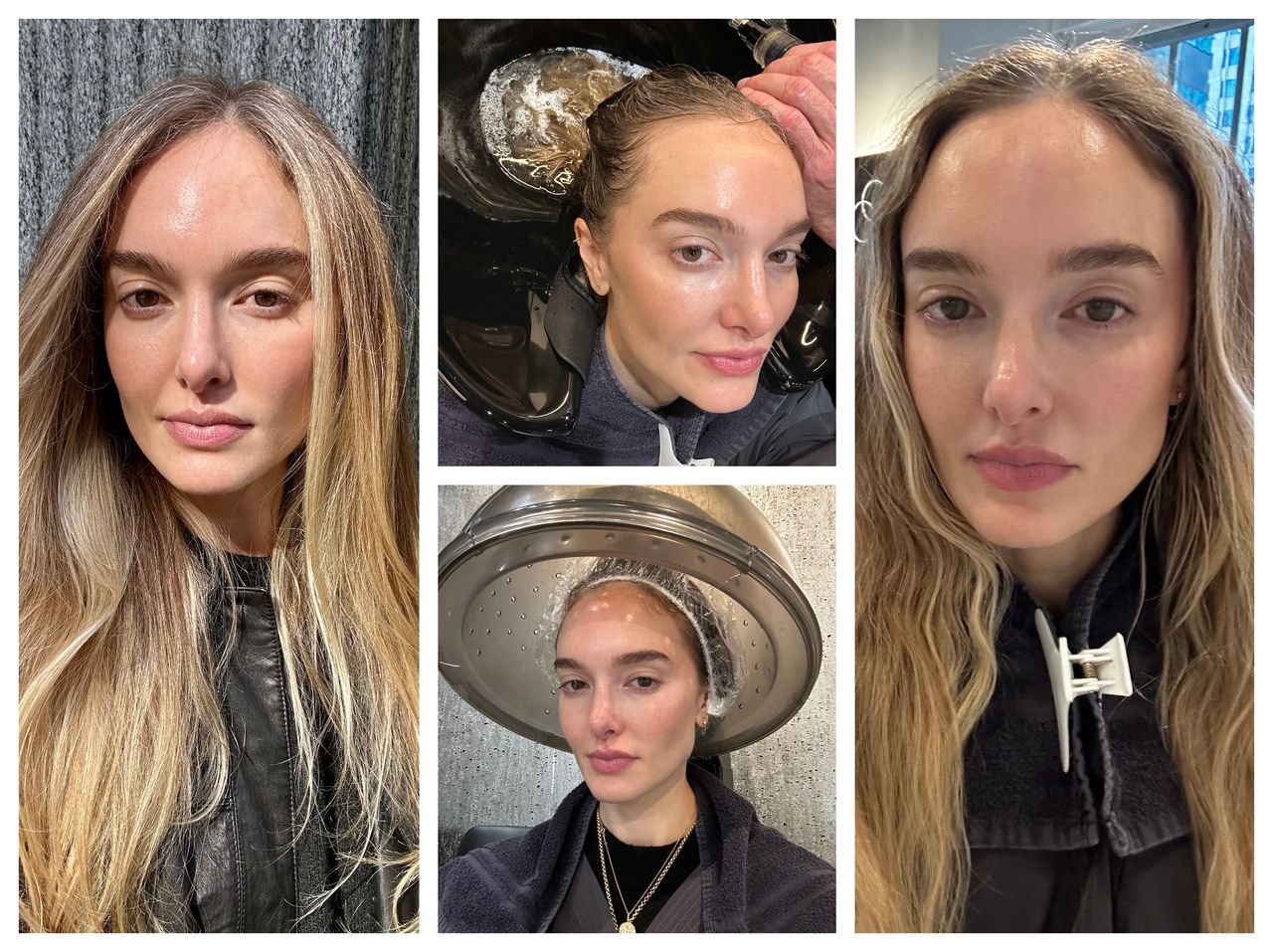 hannah baxter getting her hair done in a four-part grid