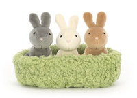 Jellycat Nesting Bunnies - Was £27.95 now £22.36 | Temptation Gifts
These Nesting bunnies from Jellycat will make kids and adults fall in love with the trio of trouble. These snuggly little bunnies love nothing more than to go on adventures and play all day and then snuggle up to their new best friend at night!
The bunnies come in three colours, a cream, brown and grey plush toy with velvety fur that is soft and strokable, with their flopsy ears pricked and little pink noses which make them so adorable! 
They come in a fleecy green nest that is warm and cosy, which means these tiny rabbits can drift off to sleep in comfort too.
