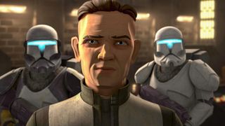 Doctor Hemlock and two clone commandos in "Star Wars: The Bad Batch" season 3.