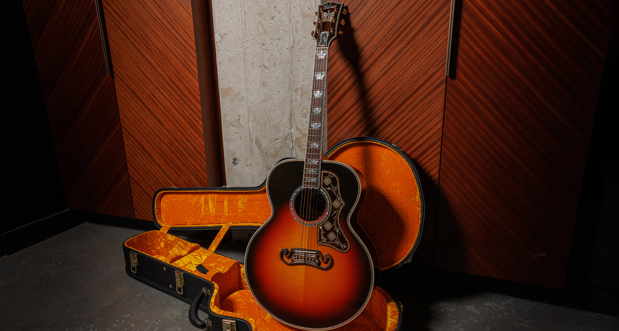 Gibson Custom SJ-200 Monarch #100: this stunning one-of-one jumbo is replete with all kinds of rococo flourishes, from the diamond and gold crown inlay on the headstock, to the 14k gold rope binding, Gibson calls it the "ultimate custom" acoustic and not without some justification.