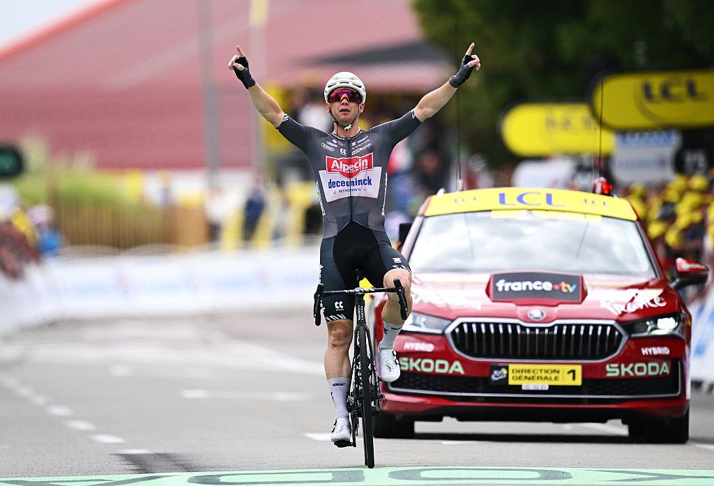 Kaden Groves of Australia and Team Alpecin - Deceuninck celebrates at finish line as stage winner during the 112th Tour de France 2025, Stage 20 a 184.2km stage from Nantua to Pontarlier / #UCIWT / on July 26, 2025 in Pontarlier, France. (Photo by Dario Belingheri/Getty Images)